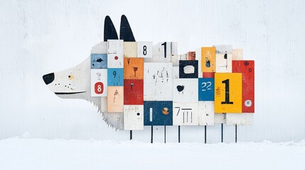 Colorful, whimsical wolf silhouette composed of various license plates, set in snowy landscape