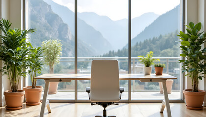 An ergonomic standing desk, crafted from light colored wood, faces a floor to ceiling glass wall showcasing a serene mountain vista