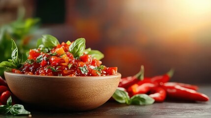 This image showcases a colorful bowl of salsa made with fresh vegetables and herbs, capturing the essence of healthy eating and vibrant cuisine in an artistic presentation.