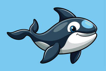 Fototapeta premium Cartoon Killer Whale Swimming on Light Blue Background. Aquatic Mammal. Isolated