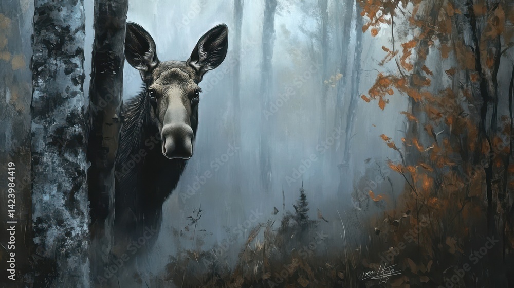 Poster a moose peers inquisitively from behind trees in a forest setting