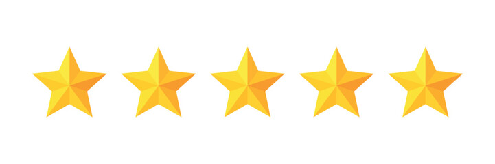 Five stars rating button vector illustration. Set of five yellow stars representing customer feedback and product evaluation. Flat design style on isolated white background