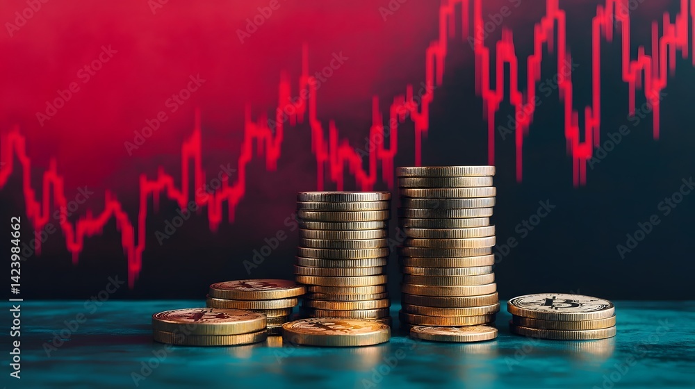 Poster financial instability symbolized by declining graph with stacked coins