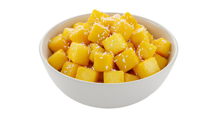 Golden cubed fruit with coconut flakes