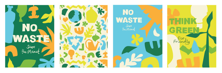 Set of Save the planet and Ecology illustrations for the Earth Day posters and cards. Layouts for prints, flyers, covers, banners design. Eco concepts. Vector illustration