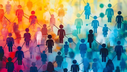 Colorful abstract representation of interconnected people, symbolizing social connections, community, and collaboration. A vibrant illustration showcasing diversity and unity.