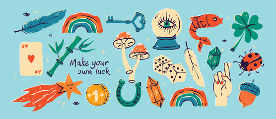 Set of traditional and Asian symbols of good luck. Vector illustrations of elements that bring wealth and prosperity. Collection of flat elements on isolated background. © virinaflora