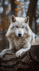 Naklejka premium Portrait of and adult wolf with piercing orange eyes relaxing on a log. Wild animal in nature reserve habitat close up photograph.
