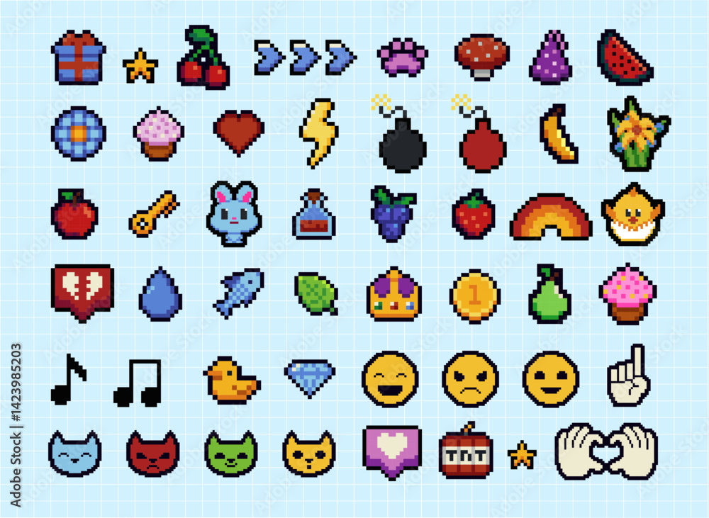 Poster set of pixel art speech bubbles and icons. wow. surprise. bang. bomb. retro game style dialogue box 