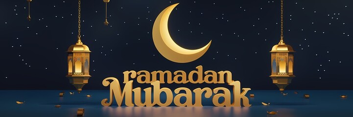 Naklejka premium Ramadan Mubarak greeting with glowing ornate lantern and crescent moon silhouette background softly illuminated for a peaceful spiritual atmosphere capturing essence of Ramadan night celebration theme