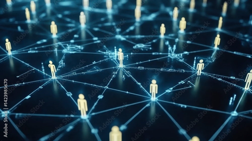 Poster abstract network visualization showing glowing figures interconnected by lines on a dark background.