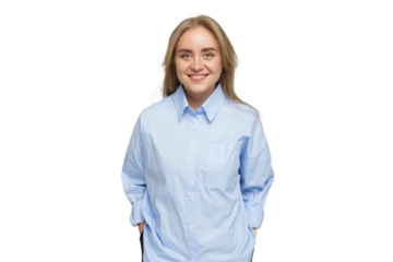 Smiling Woman in a Light Blue Shirt Poses With a Cheerful Expression in a Studio Setting