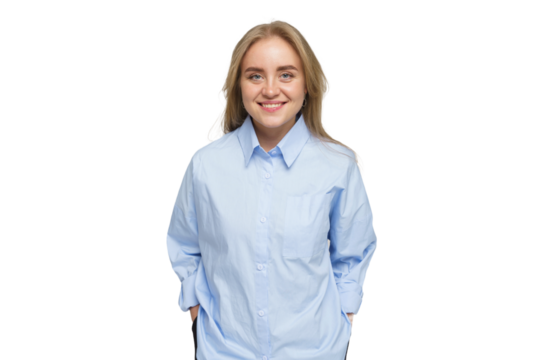 Smiling Woman in a Light Blue Shirt Poses With a Cheerful Expression in a Studio Setting