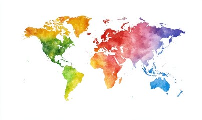 A colorful watercolor world map against a clean, white background