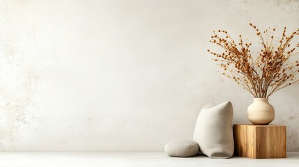 A stylish display of minimalist decor featuring vases with dried flowers, providing a serene and inviting aesthetic that embodies simplicity and elegance in home design.