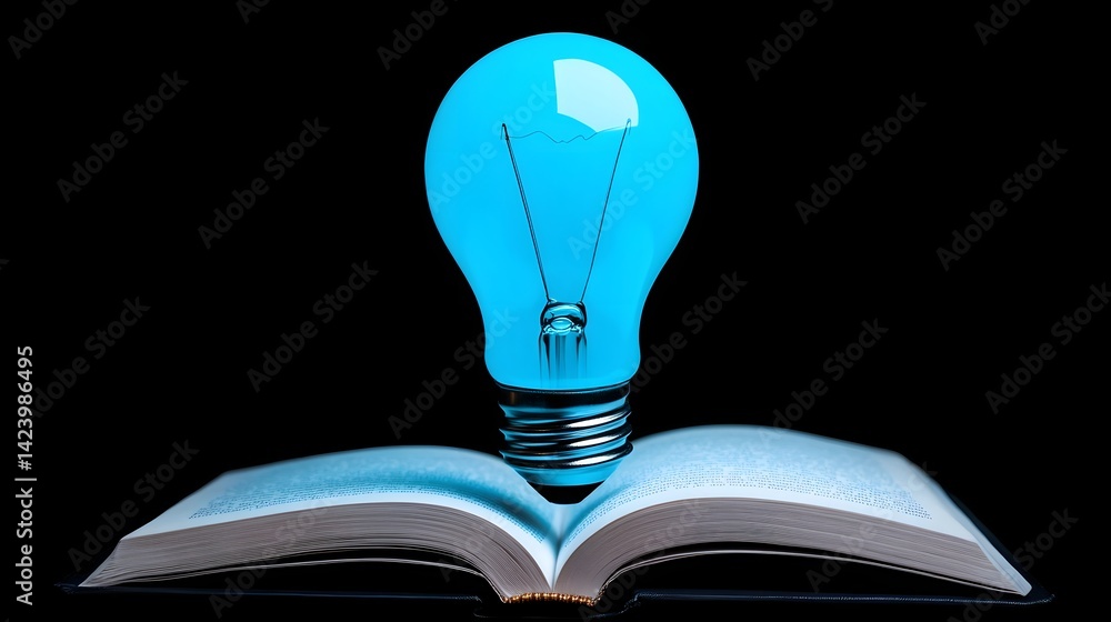 Poster glowing blue light bulb floating above open book representing knowledge and innovation