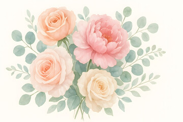 Fototapeta premium Watercolor flower bouquet painting roses and peonies pastel colors floral art print wall decor illustration