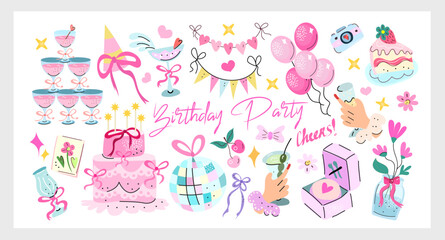 Coquette Birthday Party Set a cute hand drawn vector collection with cake, gifts, balloons, ribbons, and party elements in pastel tones, perfect for festive designs and invitations.