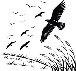 Birds in Flight Line Art Minimalist Sky Silhouettes Vector
