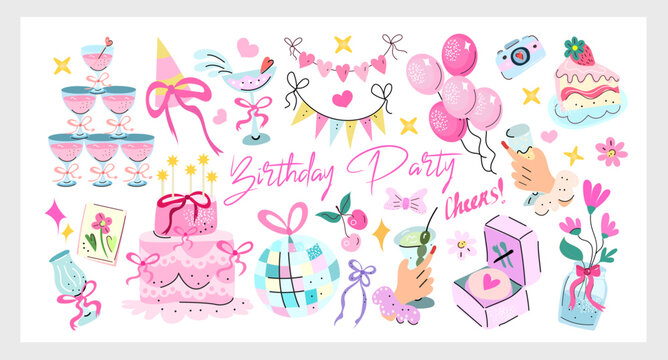 Coquette Birthday Party Set a cute hand drawn vector collection with cake, gifts, balloons, ribbons, and party elements in pastel tones, perfect for festive designs and invitations.