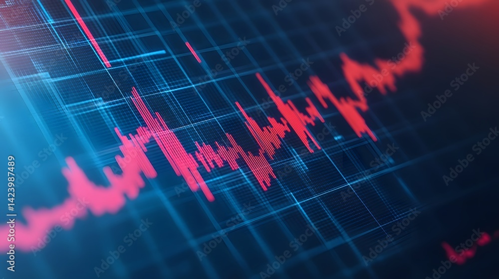 Poster fluctuating financial market data and analytical charting with trending signals on abstract backgrou