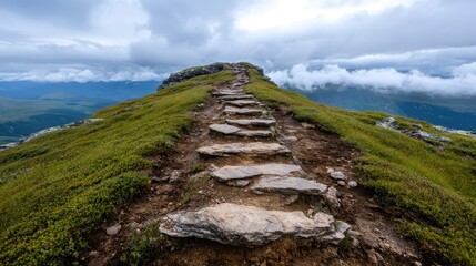 A winding stone pathway leads the way through a tranquil hilltop, inviting explorers to experience the beauty of nature beneath the cloudy sky.