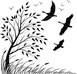Flying Birds Silhouette Line Art Minimalist Sky Vector Illustration