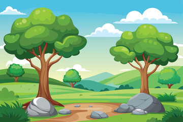 Naklejka premium Cartoon Landscape with Trees, Rocks, Grass, and Cloudy Blue Sky Scenic View
