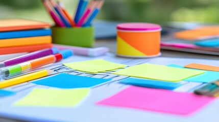 Colorful stationery items arranged on a wooden table outdoors. Brightly colored pens, pencils, sticky notes, and a small container are visible.