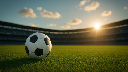 Classic Soccer Ball on Green Grass Field in Stadium at Sunset Ready for Match Kickoff