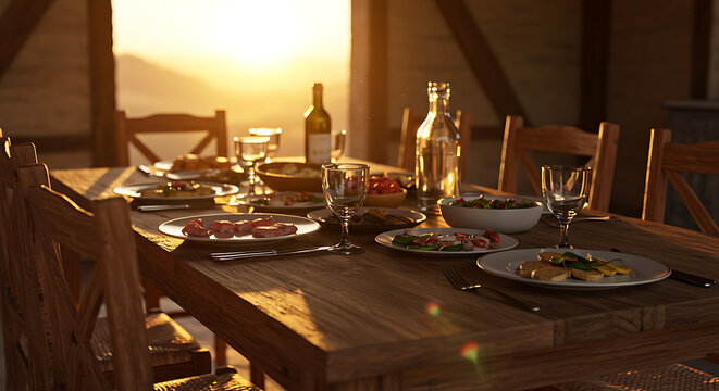 A rustic wooden dining table generously laden with various dishes, plates, wine glasses, a wine bottle, and a water carafe, prepared for a convivial meal. 