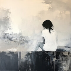 Monochrome Thoughtfulness: A Woman in Contemplation by a Textured Wall