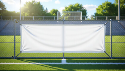 Horizontal banner mockup. Sport field banner mockup with bright green grass and goalpost background for event or sponsor ads