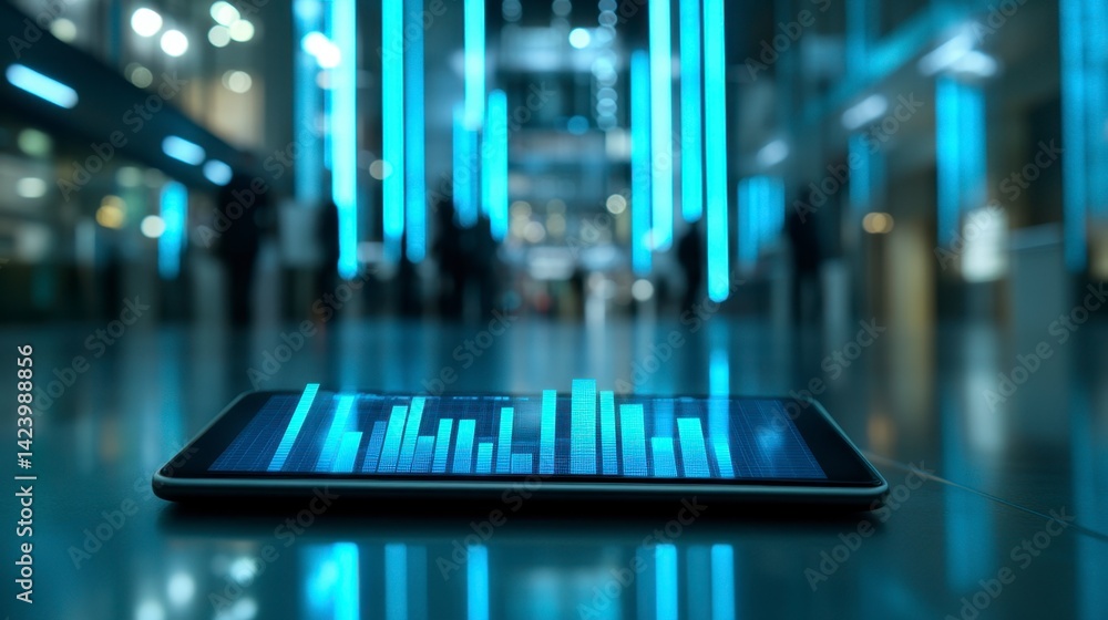 Aufkleber tablet displaying data graphs rests on a reflective surface in a modern, brightly lit interior.