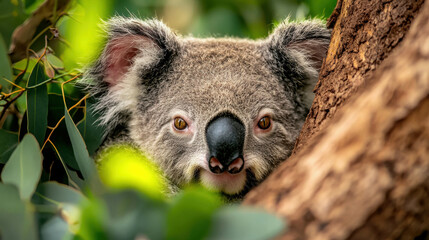 Curious Koala Peeking from Behind a Tree in a Lush Australian Forest Setting