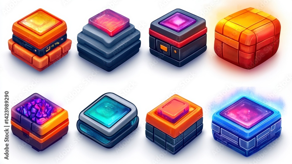 Poster collection of eight isometric pixel art chests, each with unique color schemes and glowing gems or c