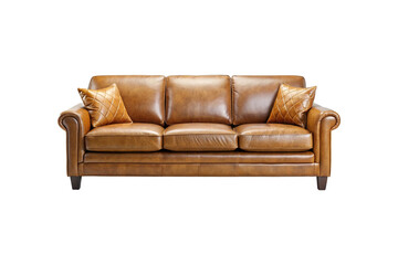 Fototapeta premium Elegant three seater leather sofa with matching cushions on white background