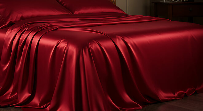 Luxurious close-up perspective of a meticulously made bed draped in sumptuous, deep red silk or satin sheets.