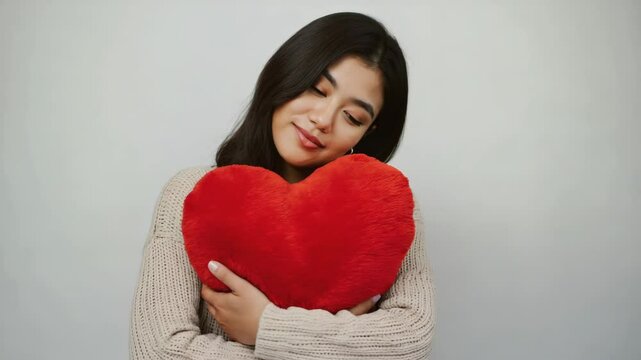 Young adult female hugging a large red heart-shaped plush, looking down with closed eyes and a soft smile in a tan sweater.