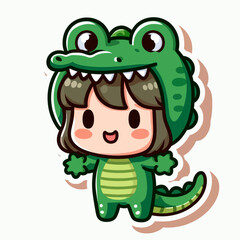 Obraz premium A cartoon girl wearing a vibrant green alligator costume, showcasing a cheerful expression.