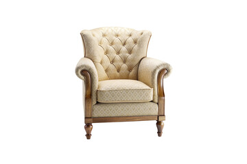 Fototapeta premium Elegant tufted armchair with neutral fabric and rich wooden trim design