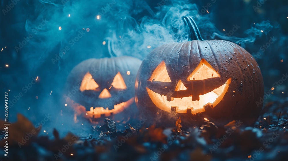Poster Two illuminated jack-o-lanterns rest on the ground amidst fall foliage and enveloped in mist