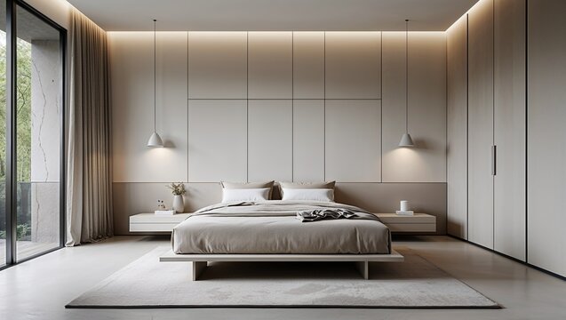 Neutral hues and simple forms create a tranquil minimalist bedroom