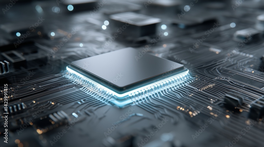 Fototapete computer chip 3d rendering glowing components circuit board close up detailed texture lighting high 