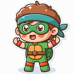 A cheerful cartoon child, dressed in a vibrant green turtle superhero costume, with expressive features.
