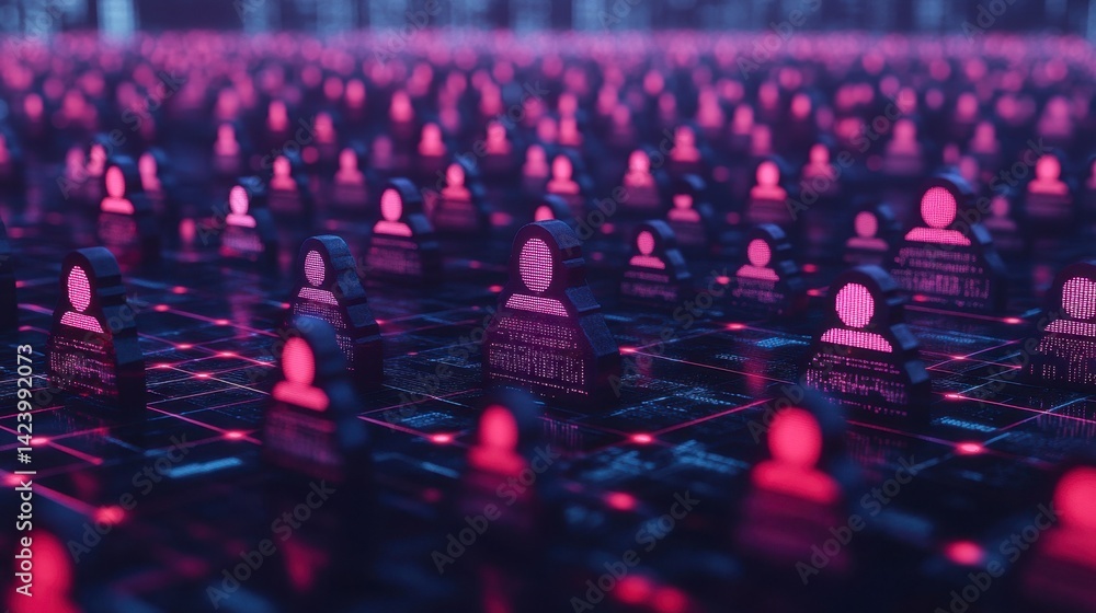 Poster abstract digital background with glowing pink and purple figures in a grid pattern.