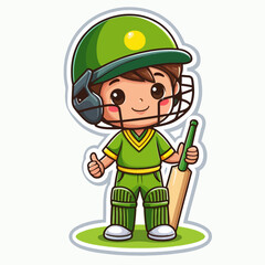 A cartoon boy in a green cricket uniform, holding a bat and wearing protective gear, ready to play.