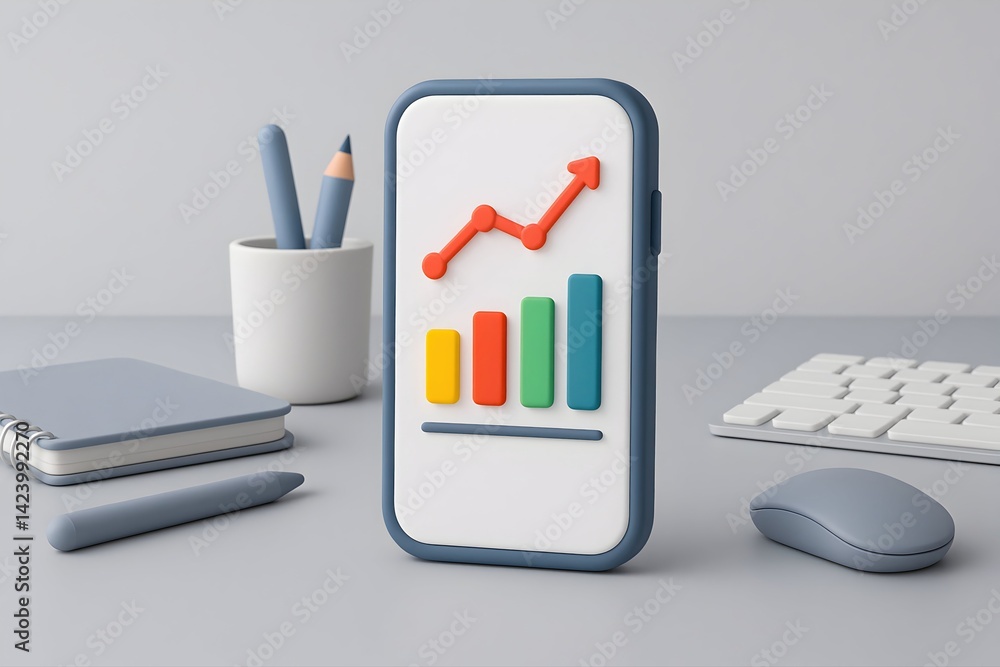 Poster a modern smartphone displays colorful growth charts and graphs on a minimalist workspace, illustrati
