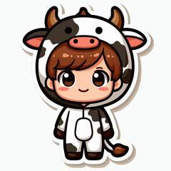 A cartoon boy, dressed in a cow costume, designed in a cute and friendly manner.