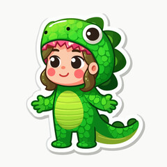 Obraz premium A cartoon depiction of a girl in a vibrant green dinosaur costume, expressing happiness and playfulness.